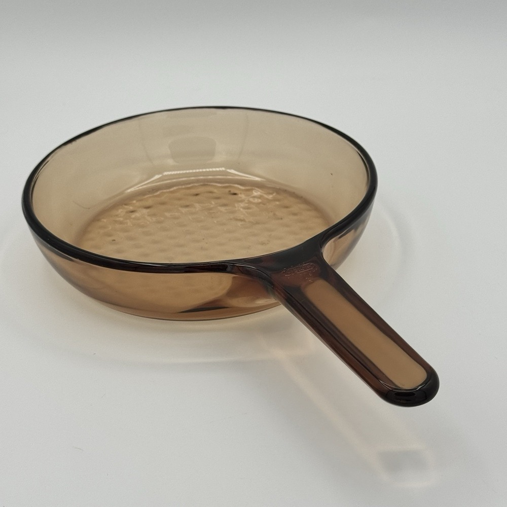 Vintage Corning Visions Amber Glass Skillet Fry Pan 7" USA Waffle Bottom